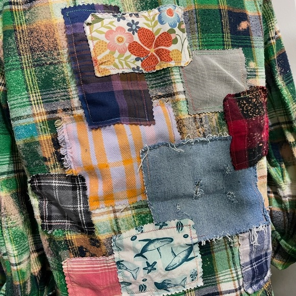 UpcycledAeropostale Green Plaid Bleached Flannel Denim Vintage Fabric Patchwork - Picture 8 of 8